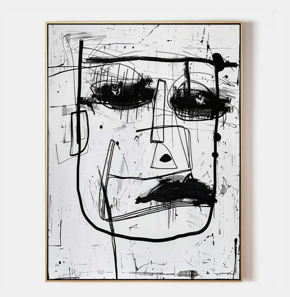 Veil of Thought Basquiat Inspired Grafitti Canvas Painting: Veil of Thought Basquiat Inspired Grafitti Canvas Painting A raw and expressive abstract portrait emerges from stark black strokes against a white canvas. The face - fragmented yet hauntingly human - 