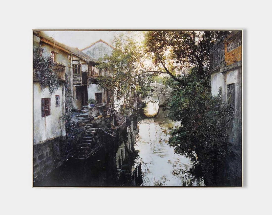 Whispers of the Water Town Hyperrealistic Canvas Painting: Whispers of the Water Town Hyperrealistic Canvas Painting A tranquil canal winds through a timeless village, where whitewashed walls and leafy trees reflect in serene waters. The soft light evokes
