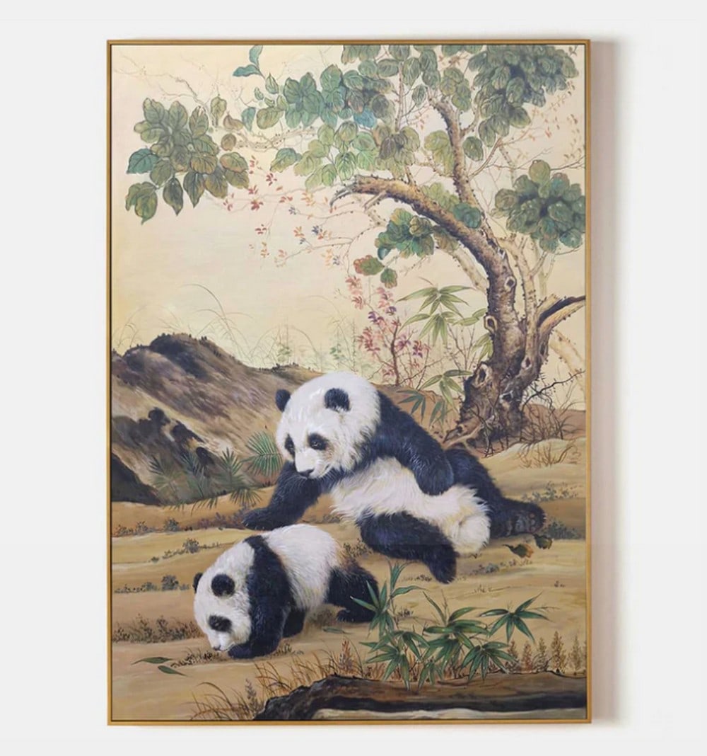 Whispers of the Bamboo Grove' Hyperrealistic Art Canvas Painting: 'Whispers of the Bamboo Grove' Hyperrealistic Art Canvas Painting In this tender and evocative scene, two pandas rest harmoniously amidst a tranquil landscape of soft greenery and distant mountains. O