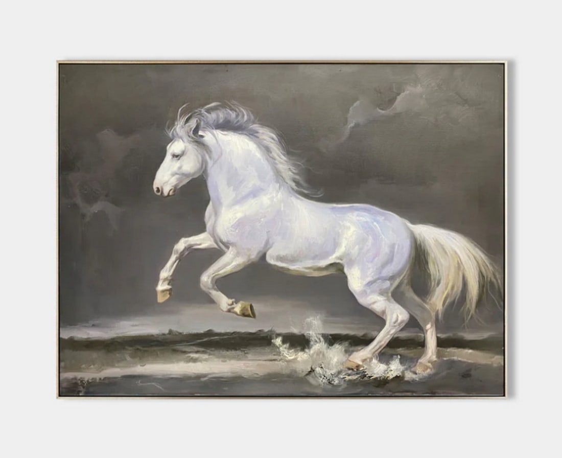 "Thundering Spirit" Hyperrealistic Art Canvas Painting: "Thundering Spirit" Hyperrealistic Art Canvas Painting Charging through the mist with primal force, the white stallion becomes a living emblem of nature's fury and grace. The splintering water
