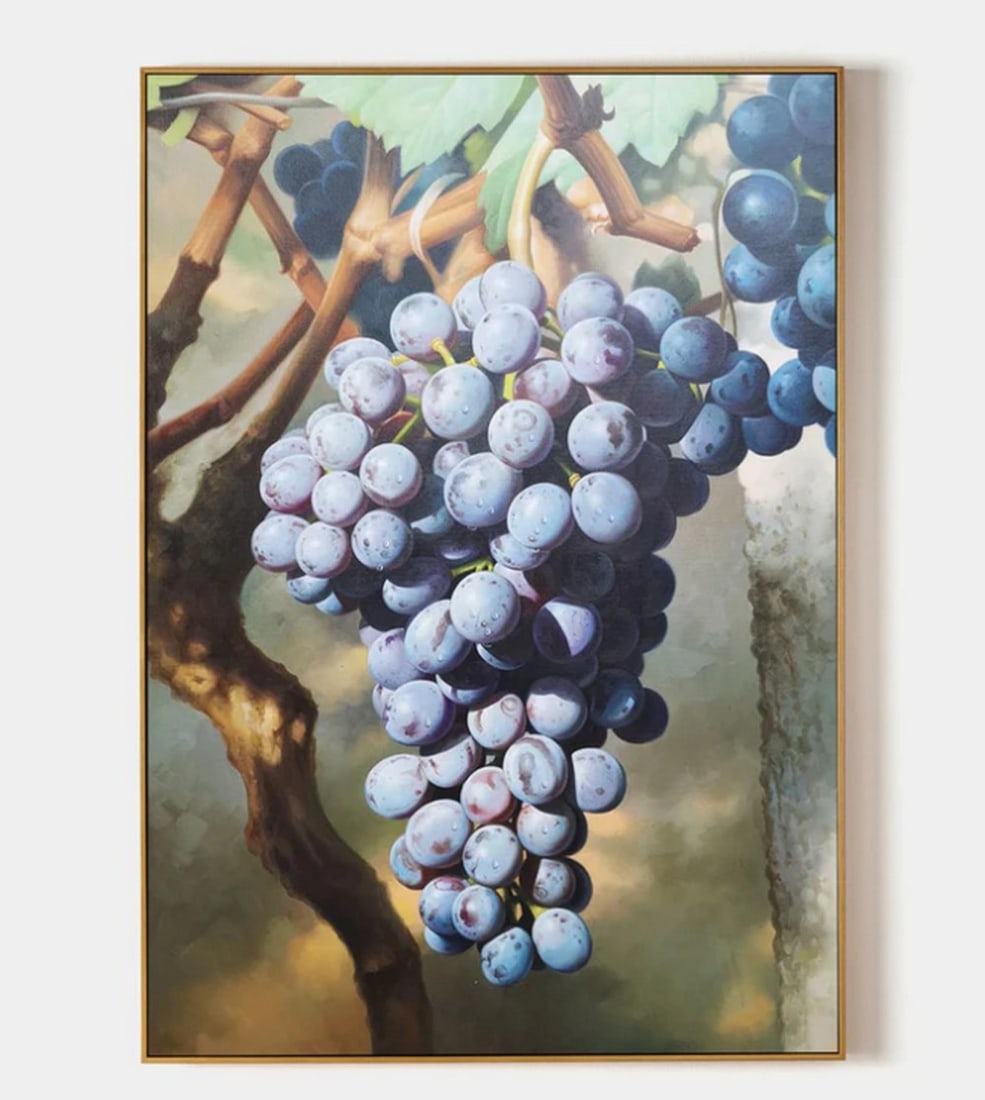 Bountiful Grapes Hyperrealistic Canvas Painting: Bountiful Grapes Hyperrealistic Canvas Painting A celebration of abundance and nature's artistry, Bountiful Grapes captures a cluster of ripe, purple grapes hanging gracefully from a vine. The artist 