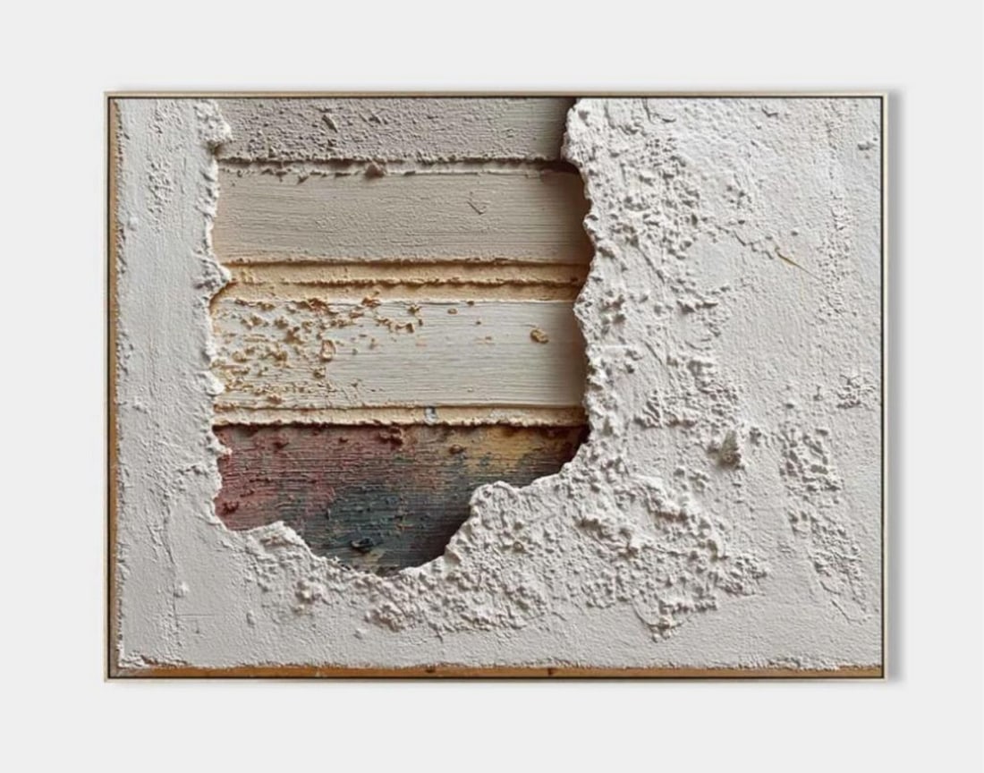 Layers of Time' Textured Canvas Art Painting: 'Layers of Time' Textured Canvas Art Painting This evocative painting captures the raw beauty of a weathered wall, where decades of peeling paint unveil the rugged texture of exposed wooden planks ben