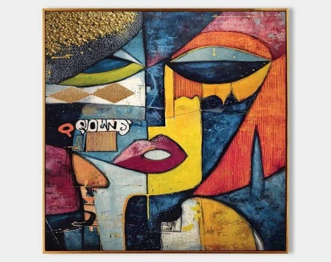 "Fragmented Faces" Pop Art Canvas Painting: "Fragmented Faces" Pop Art Canvas Painting A bold and fragmented portrait composed of vibrant color blocks and exaggerated facial features. "Fragmented Faces" plays with abstraction an