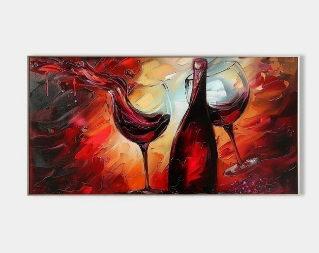 Ethereal Wine Dance Abstract Canvas Painting: Ethereal Wine Dance Abstract Canvas Painting Ethereal Wine Dance is an acrylic abstract painting that evokes warmth and movement through vibrant swirls of red and gold. A bottle pours into twin glasse