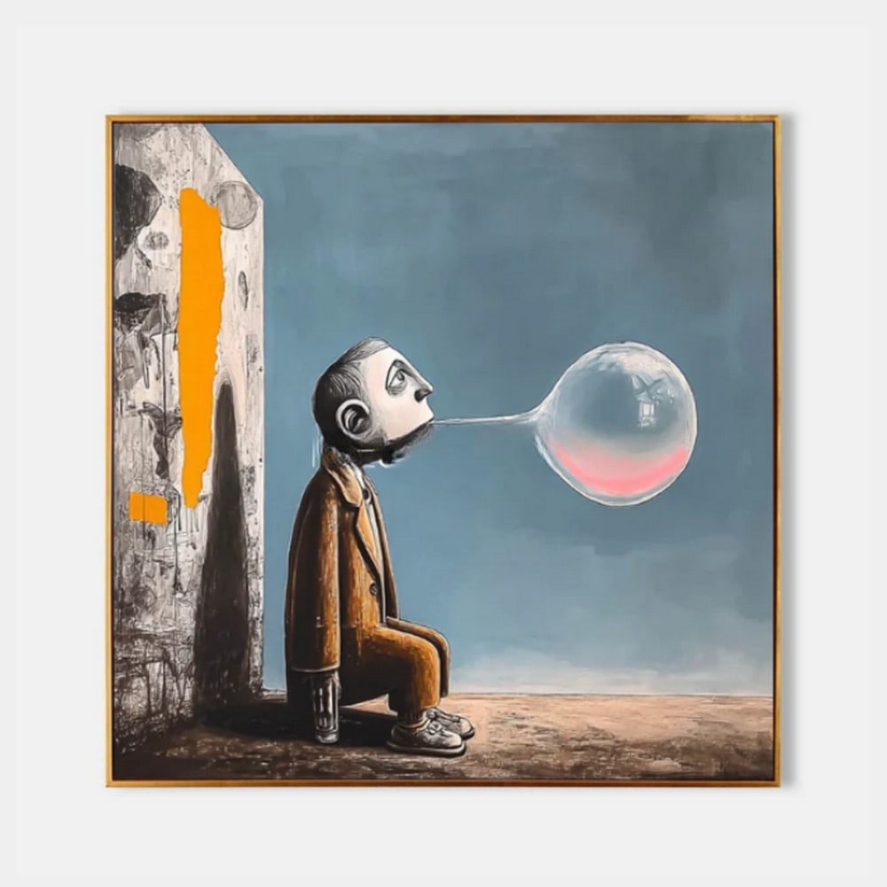 "Bubble of Solitude" Canvas Painting: "Bubble of Solitude" Canvas Painting A whimsically surreal portrayal of introspection, 'Bubble of Solitude' captures a figure lost in thought, seated against a backdrop of color and contrast.
