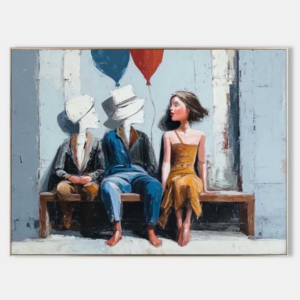 Bench of Forgotten Faces Canvas Painting: Bench of Forgotten Faces Canvas Painting A contemplative moment unfolds on a lonely bench, where two faceless figures in suits sit beside a poised woman in a vibrant yellow dress. The light blue backd