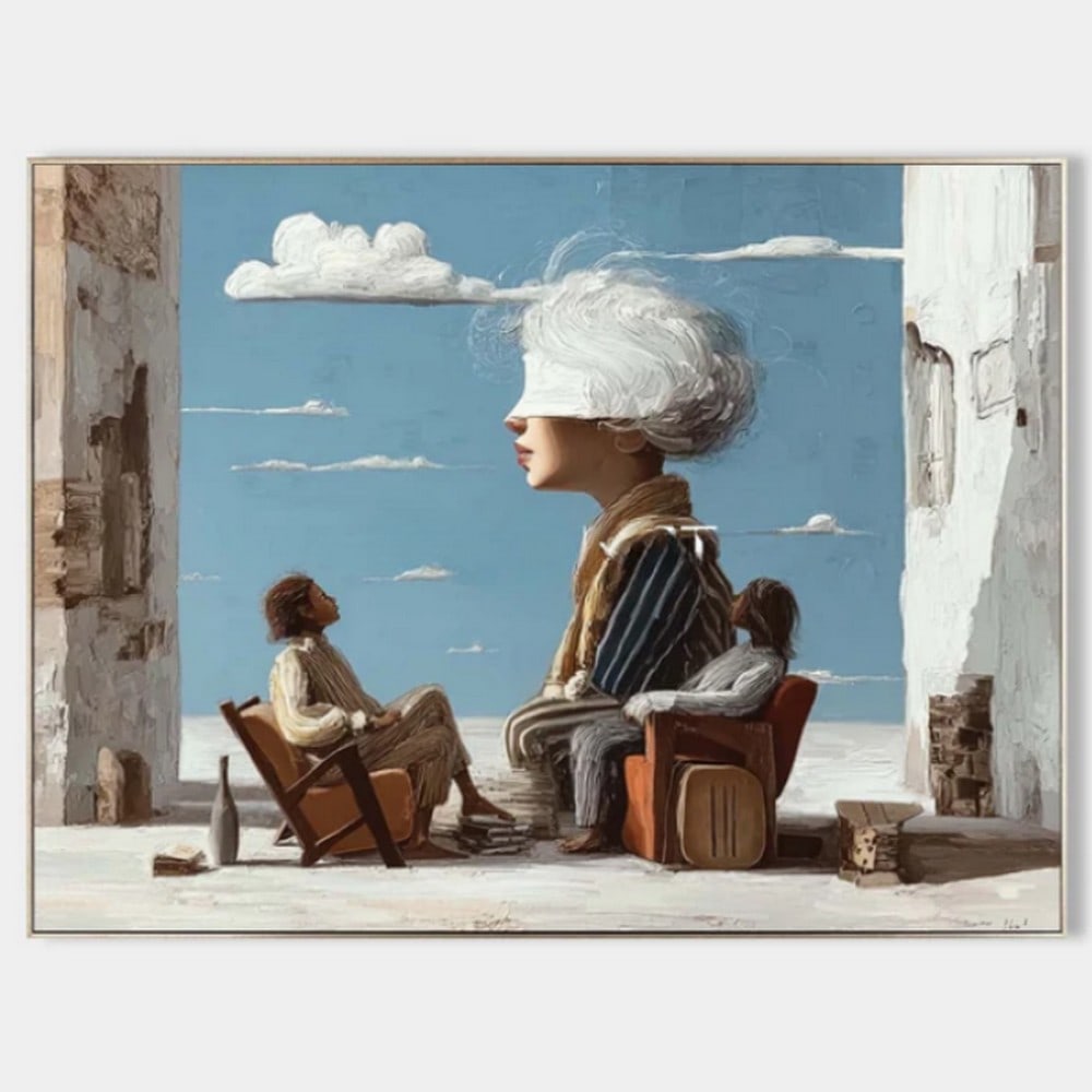 "Council of Echoes" Canvas Painting: "Council of Echoes" Canvas Painting In a fractured chamber open to sky and memory, three enigmatic figures sit in silent dialogue. The central character, whose oversized head and silver hair e