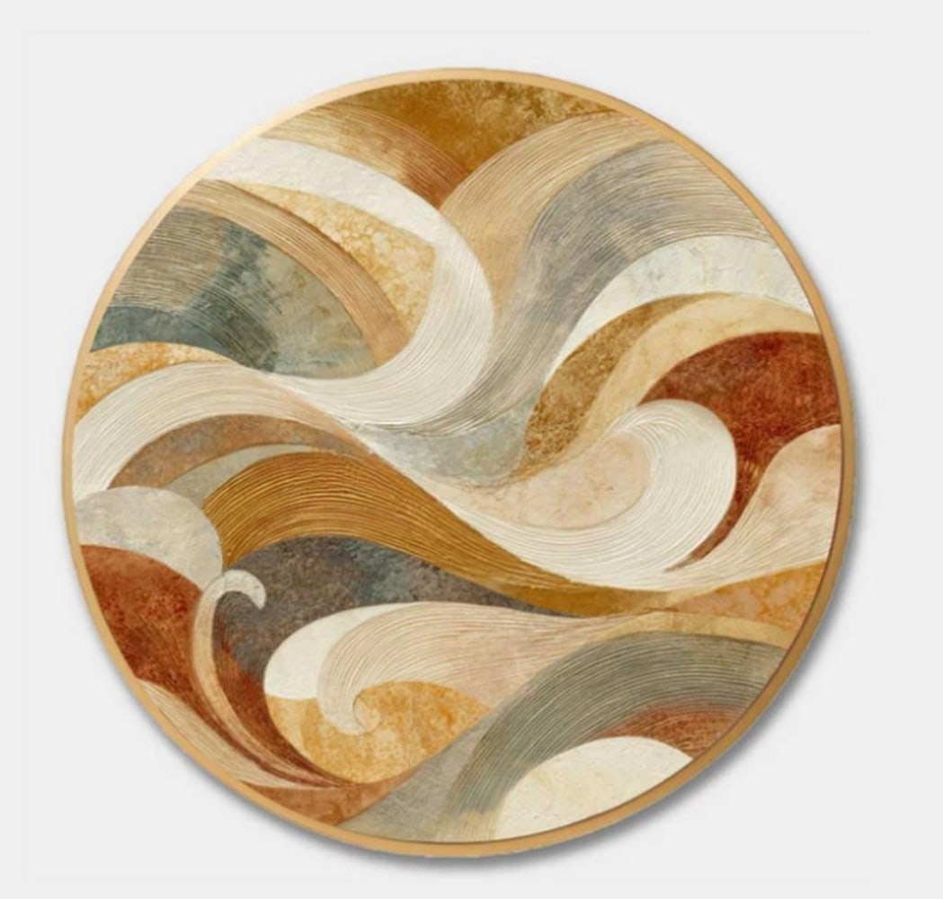 Swells of Earth Abstract Circular Canvas Painting: Swells of Earth Abstract Circular Canvas Painting Invite the rhythm of nature into your space with "Swells of Earth," a circular abstract canvas painting that captures the fluid motion of wind