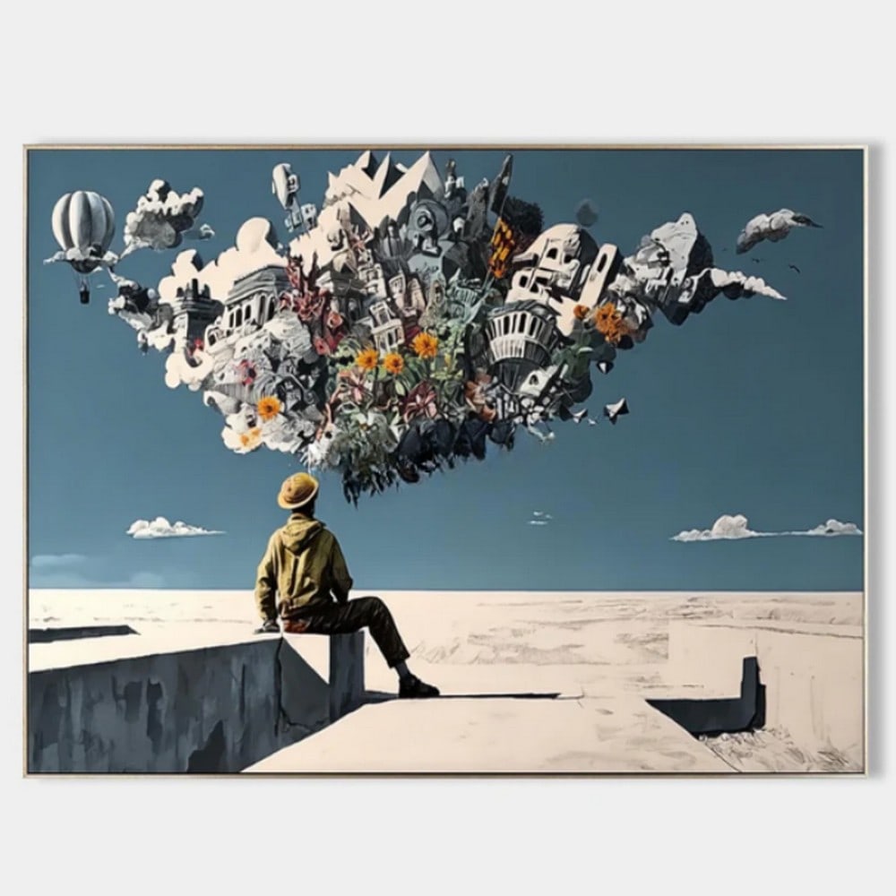 Weight of Wonder' Canvas Painting: 'Weight of Wonder' Canvas Painting Perched on the edge of possibility, a solitary figure gazes skyward beneath a bright blue expanse. Above them floats an enigmatic cluster of dreams, memories, and fr
