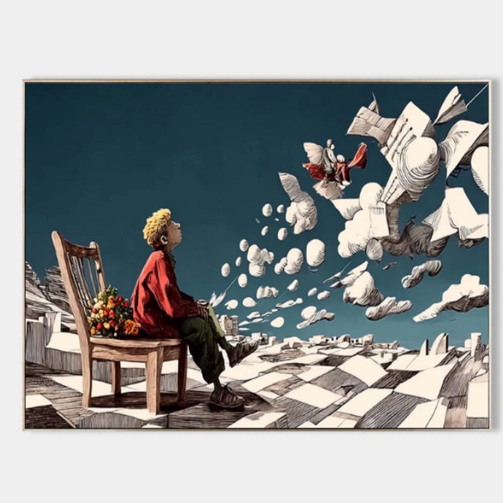 The Dream of Boundless Skies Canvas Painting: The Dream of Boundless Skies Canvas Painting In this whimsical surrealist composition, a young figure in vibrant red and green sits quietly on a solitary wooden chair - an anchor in a world that defie
