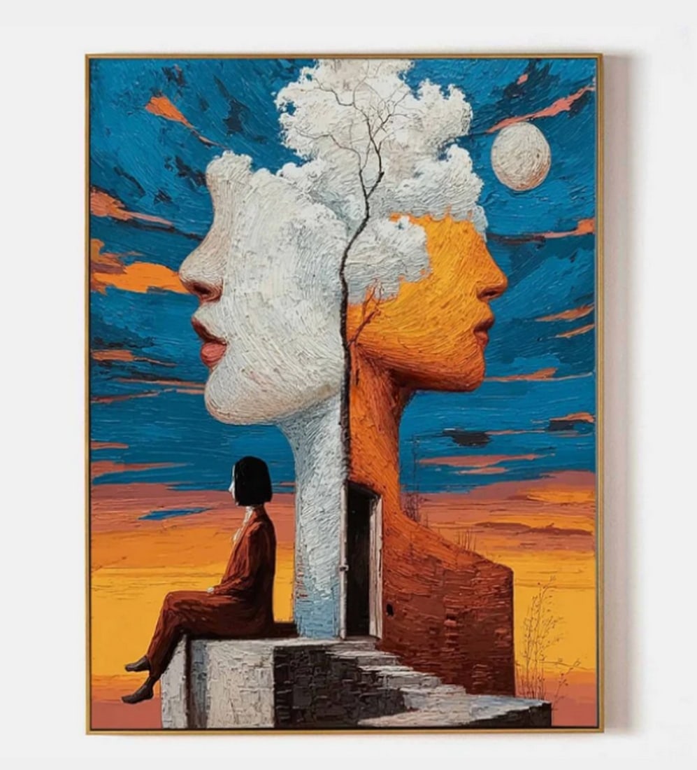 Echoes Between Sky and Root Canvas Painting: Echoes Between Sky and Root A contemplative moment unfolds as dusk paints the heavens in vibrant hues. On opposing sides, ethereal visages emerge - one sculpted from clouds, the other shaped by ancien
