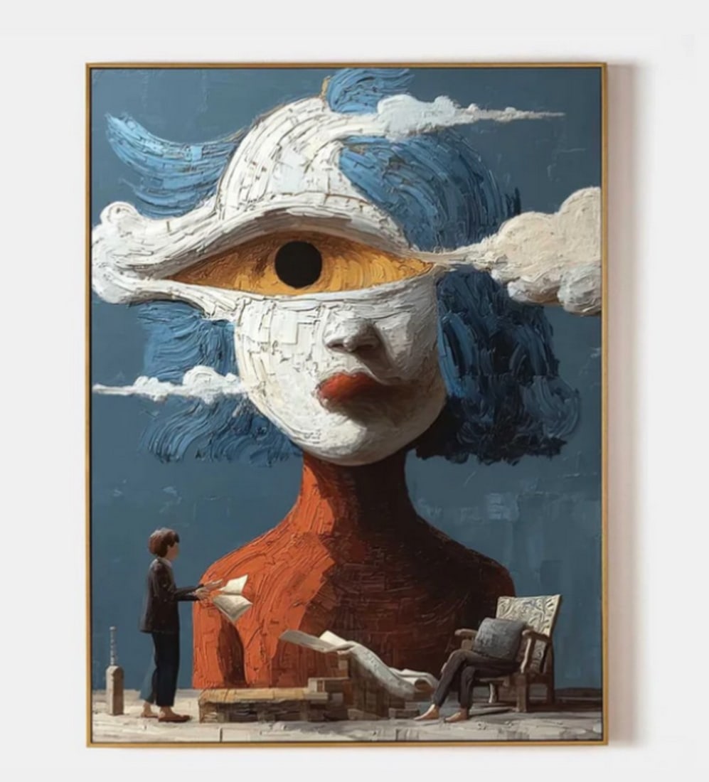The Stillness of Thought Canvas Painting: The Stillness of Thought Canvas Painting In a sky dreamt of cerulean and cloud, a monumental head rises from the earth like a relic of memory. Its reddish-brown contours suggest weathered clay - ancie