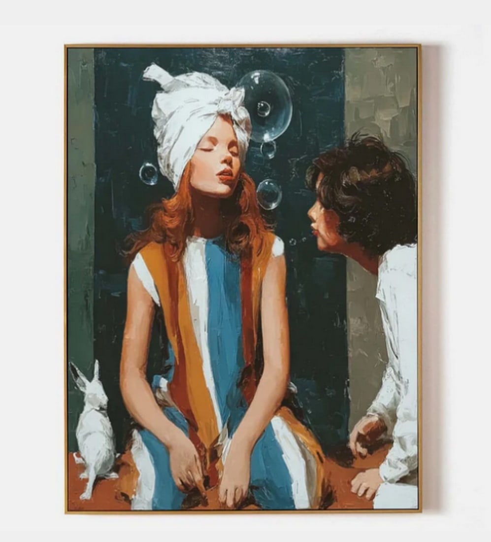 Whispers Beneath the Bubbles Canvas Painting: Whispers Beneath the Bubbles Canvas Painting This intimate painting captures a serene moment between two individuals - one seated in a vibrant striped dress, the other leaning in as if sharing a quiet