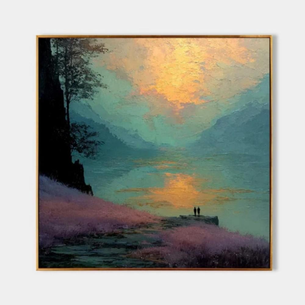 Golden Hour by the Lake Serene Landscape Canvas Painting: Golden Hour by the Lake Serene Landscape Canvas Painting Step into the stillness of nature with "Golden Hour by the Lake," a tranquil landscape canvas painting that captures the quiet magic of
