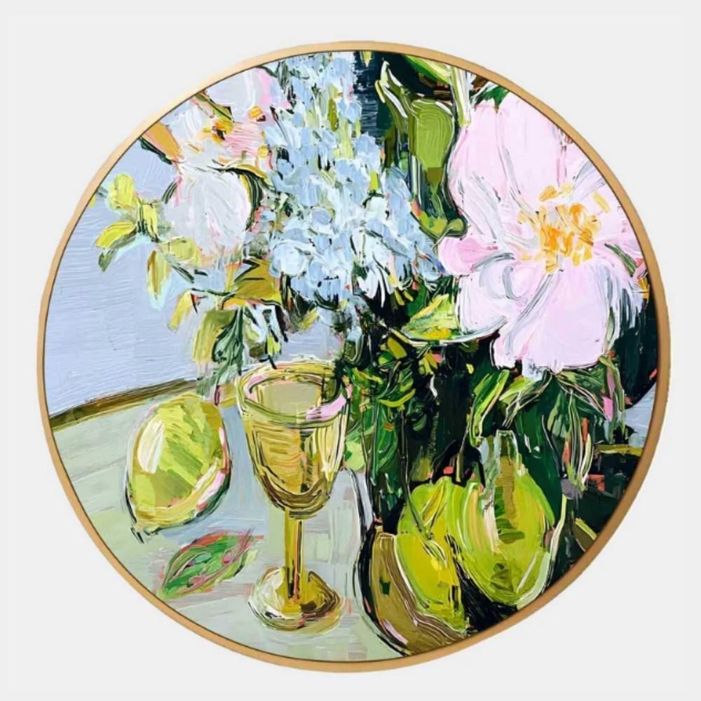 Golden Bloom Still Life Floral Canvas Painting: Golden Bloom Still Life Floral Canvas Painting Celebrate timeless elegance with "Golden Bloom," a circular still life canvas painting that radiates warmth and charm. A golden goblet anchors th