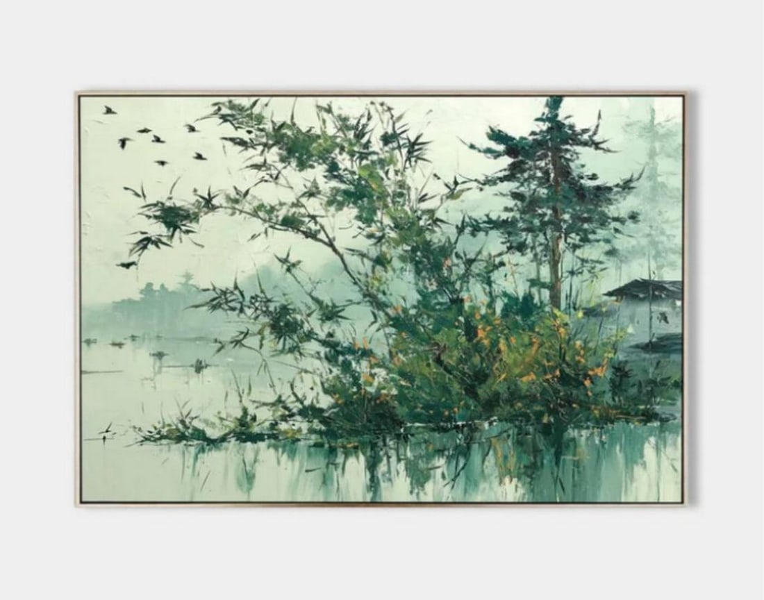 Whispers by the Lake Misty Landscape Canvas Painting: Whispers by the Lake Misty Landscape Canvas Painting Embrace the quiet elegance of "Whispers by the Lake," a misty landscape canvas painting that captures nature's gentle stillness. With soft 