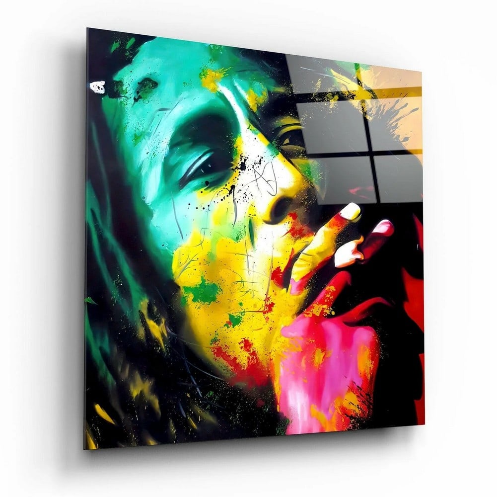 Bob Marley Tempered Glass Wall Art: Bob Marley Tempered Glass Wall Art This tempered glass wall art features a stylized portrait of Bob Marley with a bold and expressive composition. The design emphasizes contrast, texture, and modern a