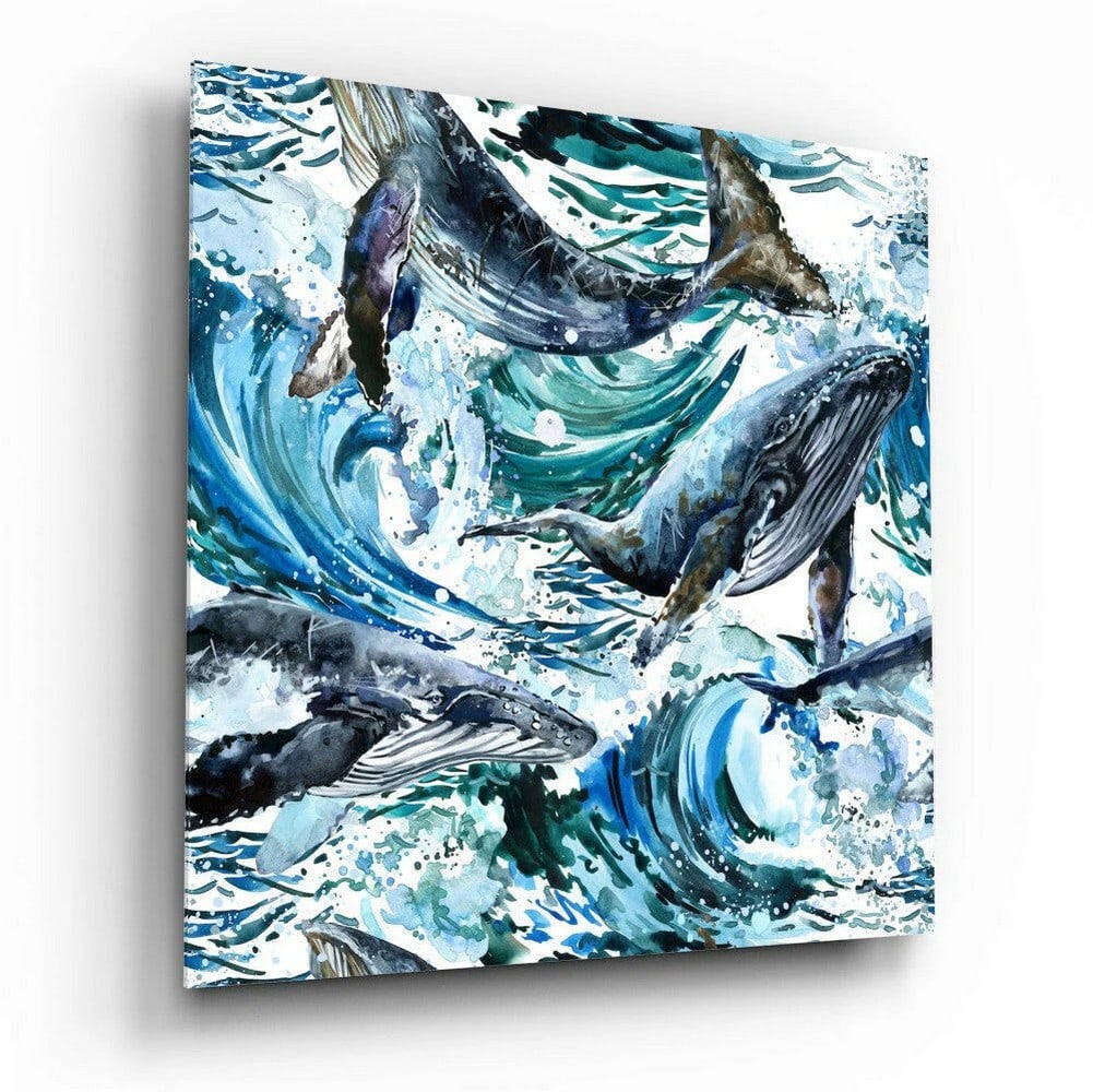 Whales in Motion Tempered Glass Wall Art: Whales in Motion Tempered Glass Wall Art This tempered glass wall art features a whale-themed composition with flowing movement and balanced design. The artwork presents marine forms in a stylized arr