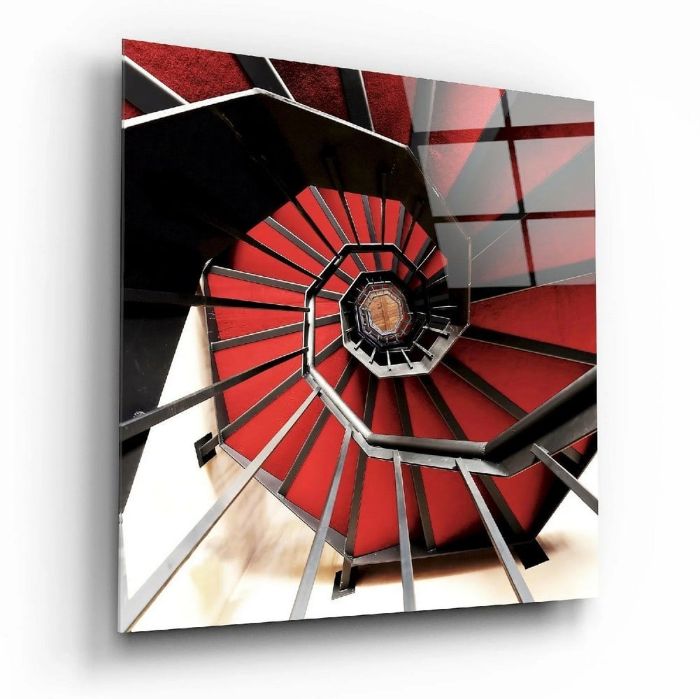 Red Staircase Tempered Glass Wall Art: Red Staircase Tempered Glass Wall Art This tempered glass wall art features a stairway composition with a bold red element set against a structured background. The design emphasizes lines, perspective