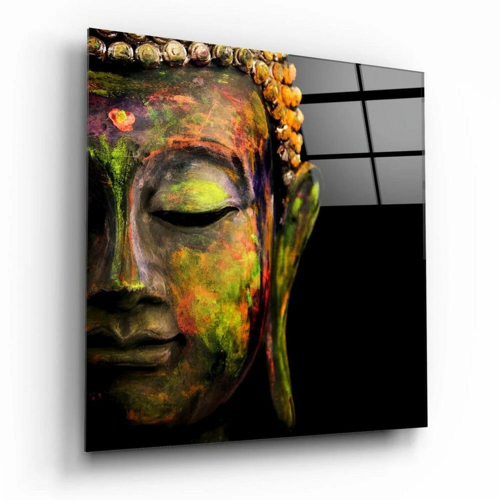 Buddha Tempered Glass Wall Art: Buddha Tempered Glass Wall Art This tempered glass wall art features a serene Buddha composition with rich, multicolored detailing against a dark background. The design emphasizes calm expression and 