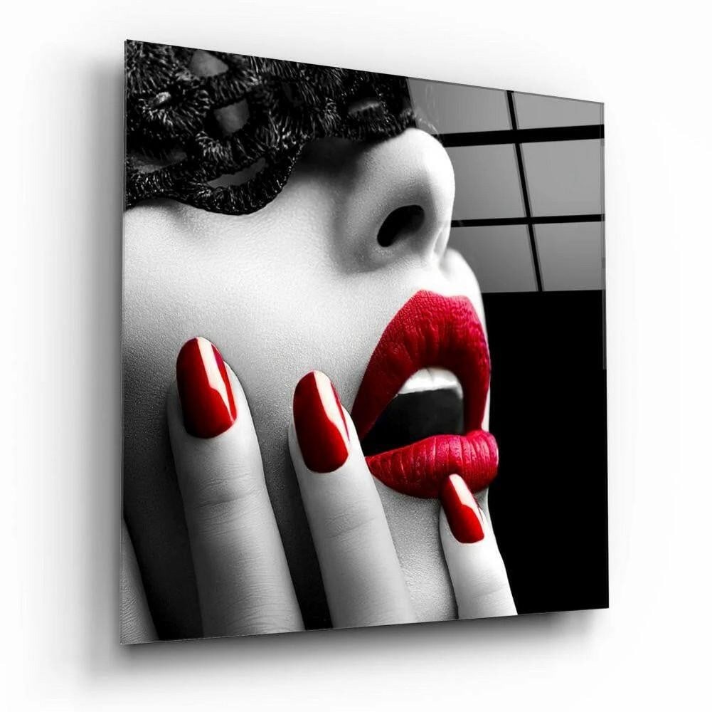 Red Lipstick Woman Inspired Glass Wall Art: Red Lipstick Woman Inspired Glass Wall Art Make a bold statement with this striking tempered glass wall art, featuring a modern black-and-white portrait accented by vivid crimson lips and nails. Inspi