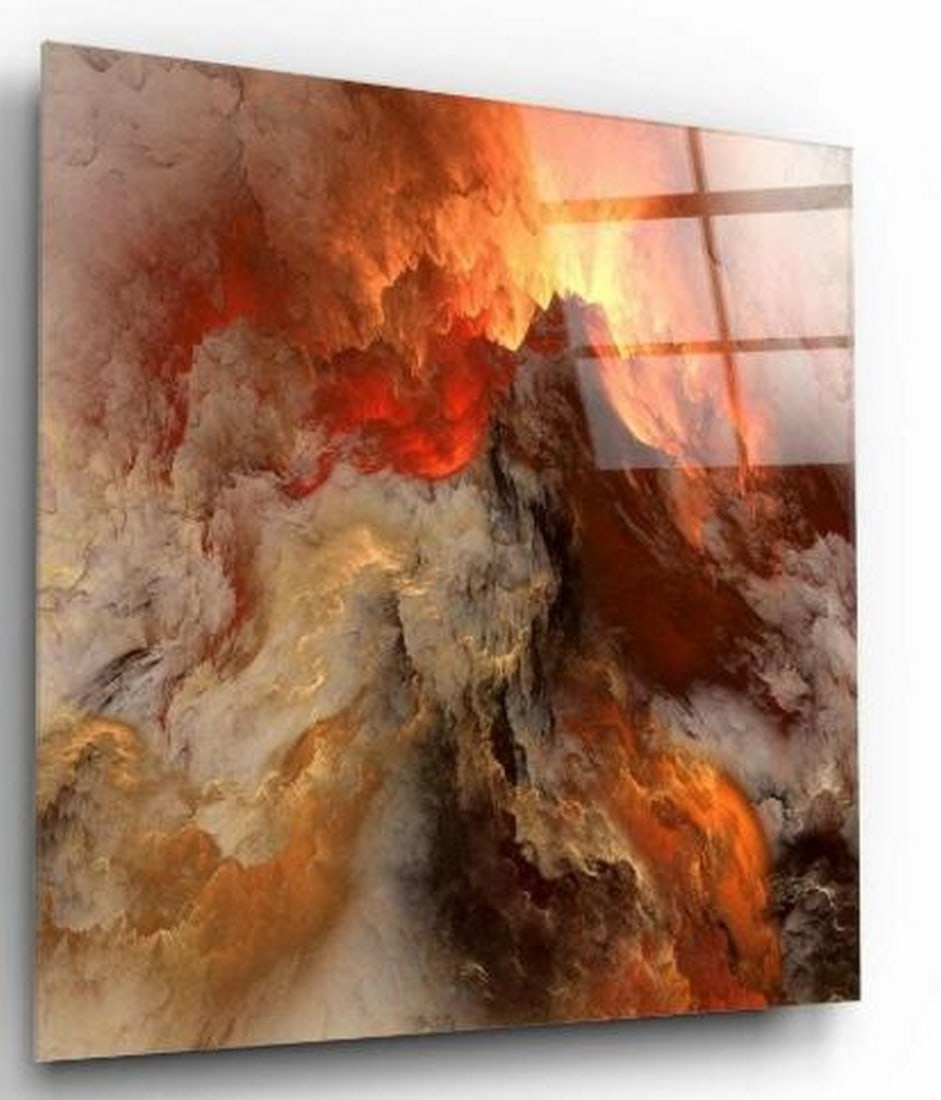 Radiant Smoke & Light Tempered Glass Wall Art: Radiant Smoke & Light Tempered Glass Wall Art This mesmerizing tempered glass wall art features an abstract composition of swirling smoke in shades of orange, gold, gray, and white. The forms dance an