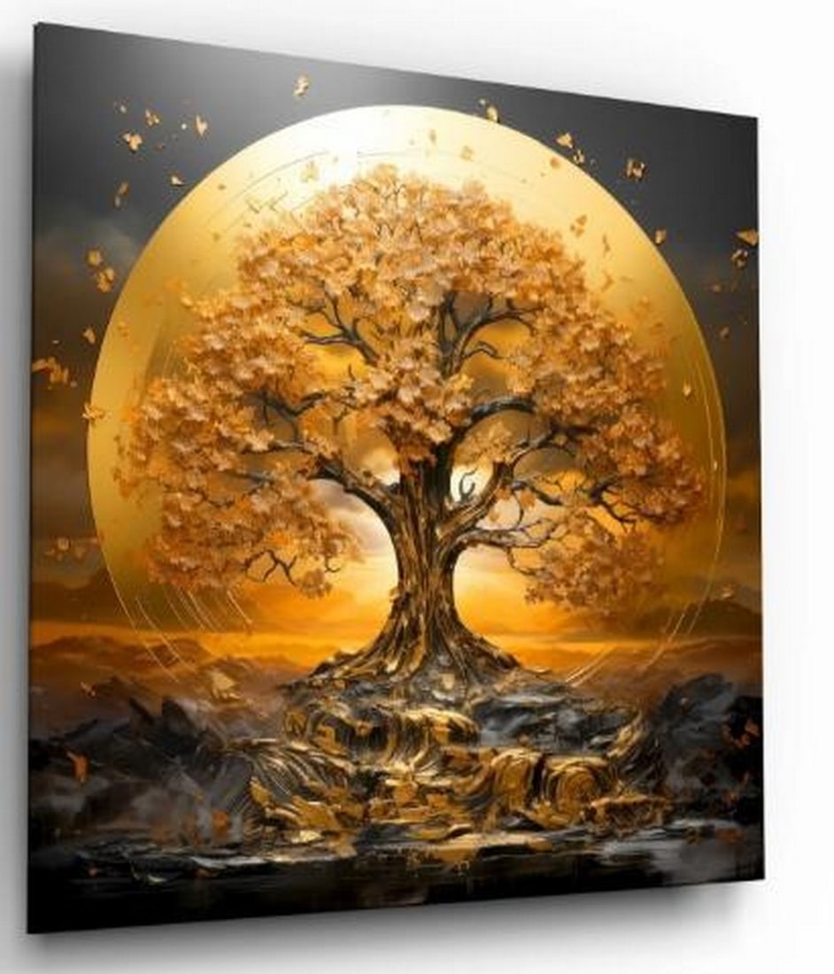 Golden Tree of Light Tempered Glass Wall Art: Golden Tree of Light Tempered Glass Wall Art This breathtaking tempered glass wall art features a majestic golden tree standing tall before a radiant sun, its branches glowing against a backdrop of mi