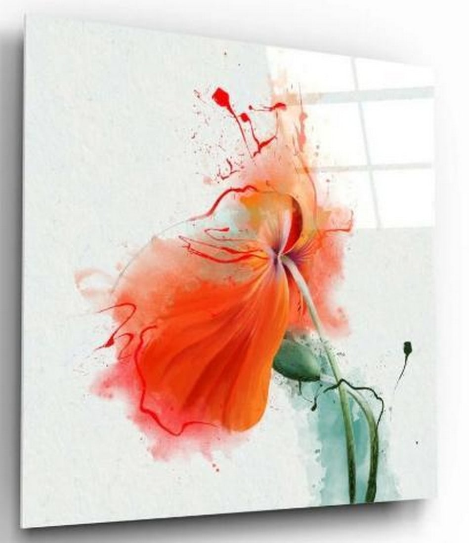 Burst of Orange Bloom Tempered Glass Wall Art: Burst of Orange Bloom Tempered Glass Wall Art This abstract tempered glass wall art features a vibrant orange flower exploding with energy, surrounded by dynamic splatters and strokes of paint. The bo