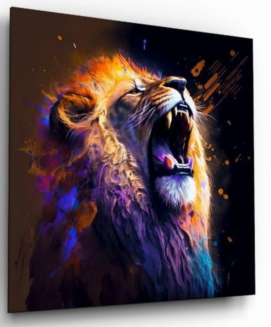 Roar of Blue Fury Tempered Glass Wall Art: Roar of Blue Fury Tempered Glass Wall Art This powerful tempered glass wall art captures a roaring lion in an abstract, artistic style. Glowing blue tones surge through its mane, accented by subtle pa
