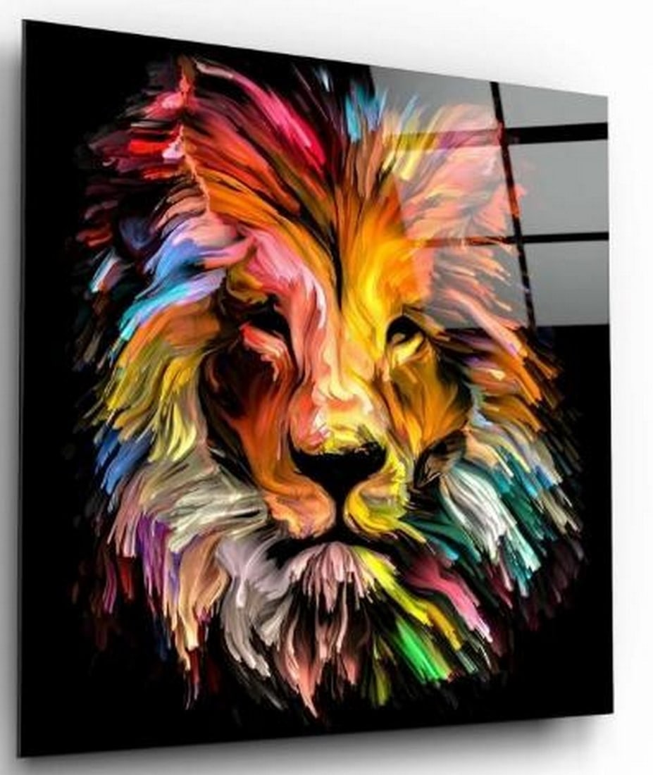 Abstract Lion Tempered Glass Wall Art: Abstract Lion Tempered Glass Wall Art Bold and commanding, this tempered glass wall art showcases a lion's head rendered in large, expressive paint strokes bursting with vibrant color. Set against a s
