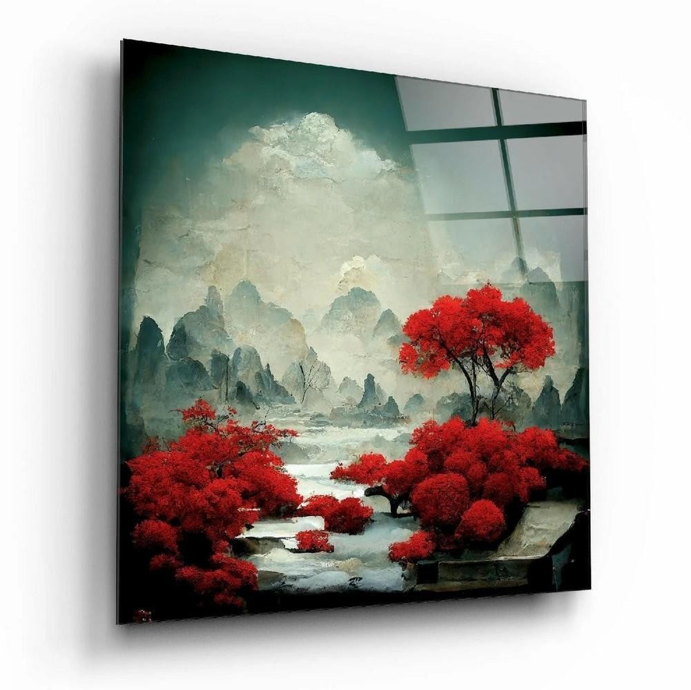 Crimson Forest Tempered Glass Wall Art: Crimson Forest Tempered Glass Wall Art This tempered glass wall art features a stylized forest scene in deep red tones, with vertical tree forms creating a strong sense of depth and structure. The
