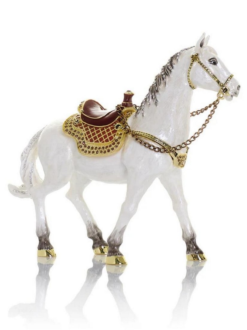 White Horse Enamel Trinket Box: White Horse Enamel Trinket Box This exquisite enamel-painted trinket box is a handcrafted masterpiece, adorned with handpicked Austrian crystals and finished with elegant 24K gold plating. The piece