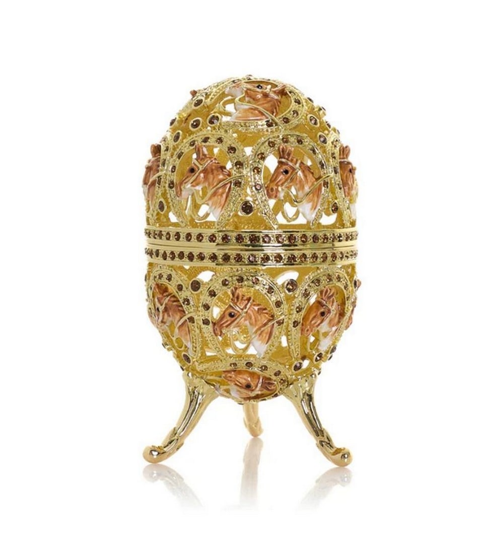 Gold Plated Horse Easter Egg Enamel Trinket Box: Gold Plated Horse Easter Egg Enamel Trinket Box This exquisite enamel-painted trinket box is a handcrafted piece, adorned with handpicked Austrian crystals and finished with elegant 24K gold plating.