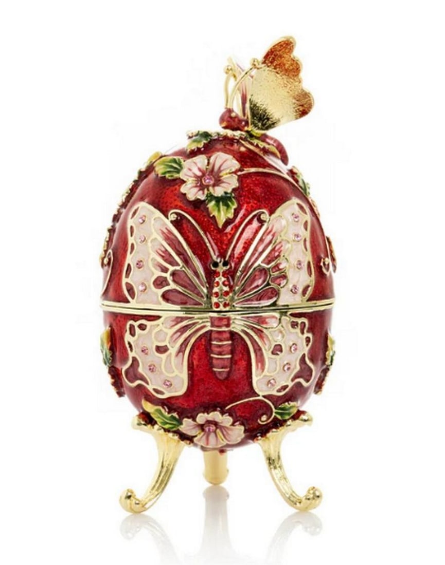 Red Faberge Egg Inspired Trinket Box with Flowers & Butterfly: Red Faberge Egg Inspired Trinket Box with Flowers & Butterfly This exquisite Faberge egg inspired trinket box showcases stunning artistry and elegance. Handmade by the artist, it features delicate han