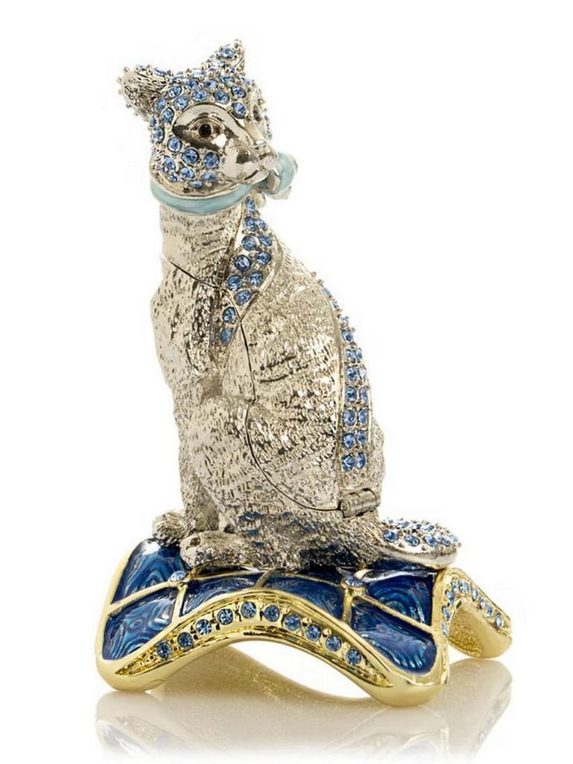 Silver Cat Trinket Box with Blue Crystals: Silver Cat Trinket Box with Blue Crystals This enamel painted trinket box, decorated with Austrian crystals, is handmade and plated with 925 silver. Crystals are handpicked and artistically placed on 