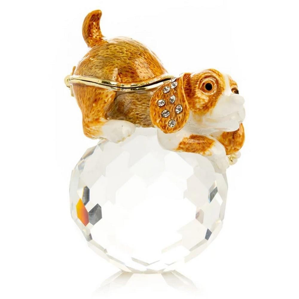 Brown Puppy on Crystal Trinket Box: Brown Puppy on Crystal Trinket Box This enamel painted trinket box, decorated with Austrian crystals, is handmade and plated with 24K gold or 925 silver. Crystals are handpicked and artistically place