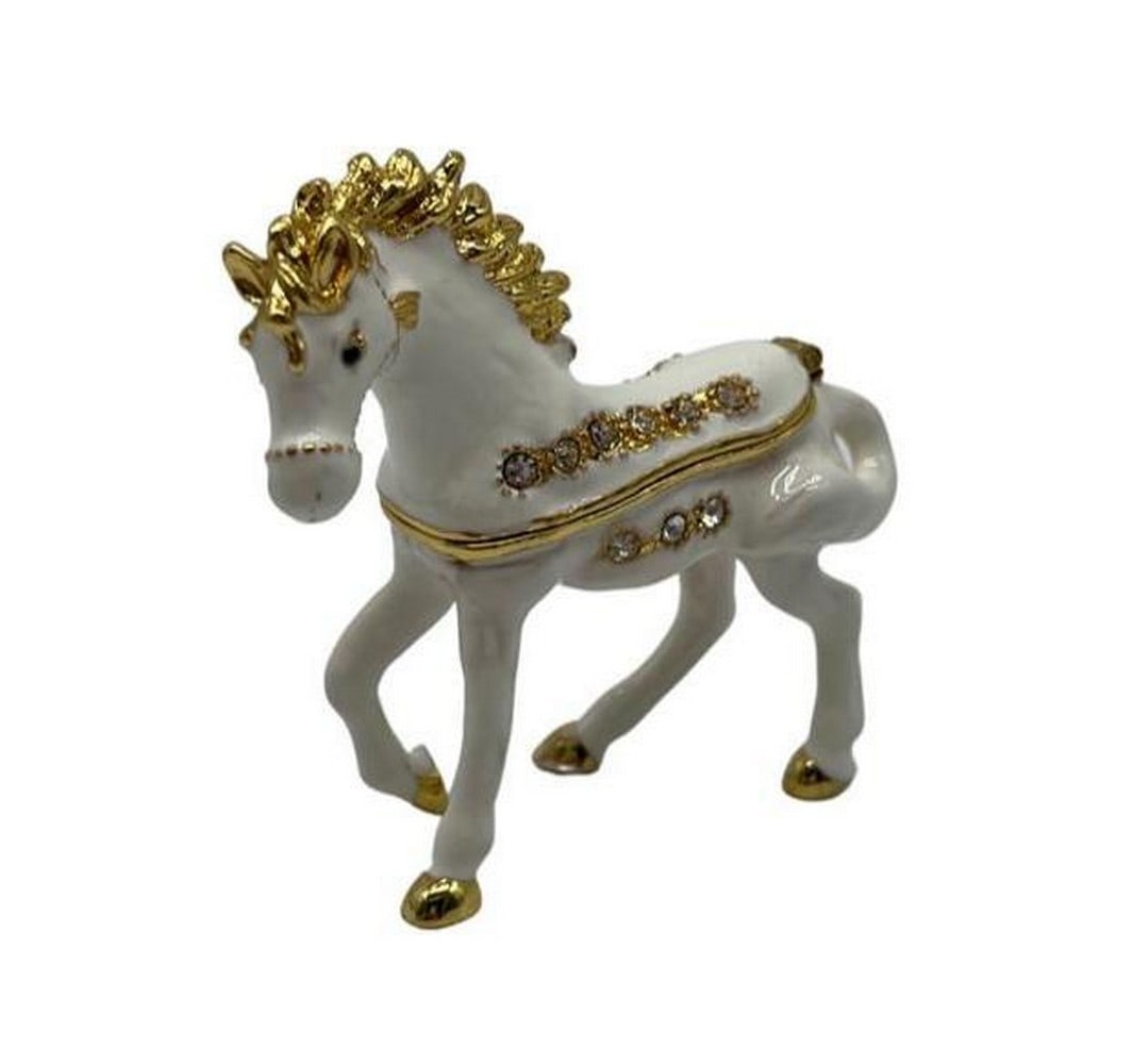 Gold and White Horse Trinket Box: Gold and White Horse Trinket Box A gold plated and white enamel horse trinket box decorated with Austrian crystals. Dimensions: 3" x 3" View photos for further details.