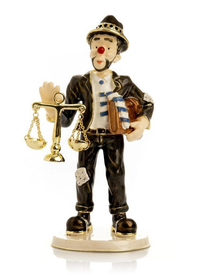 Golden Scales Clown Lawyer Trinket Box 24K Gold Plated: Golden Scales Clown Lawyer Trinket Box 24K Gold Plated This enamel-painted trinket box features a clown dressed as a lawyer, holding a book and golden Scales of Justice. Handcrafted and plated with 24
