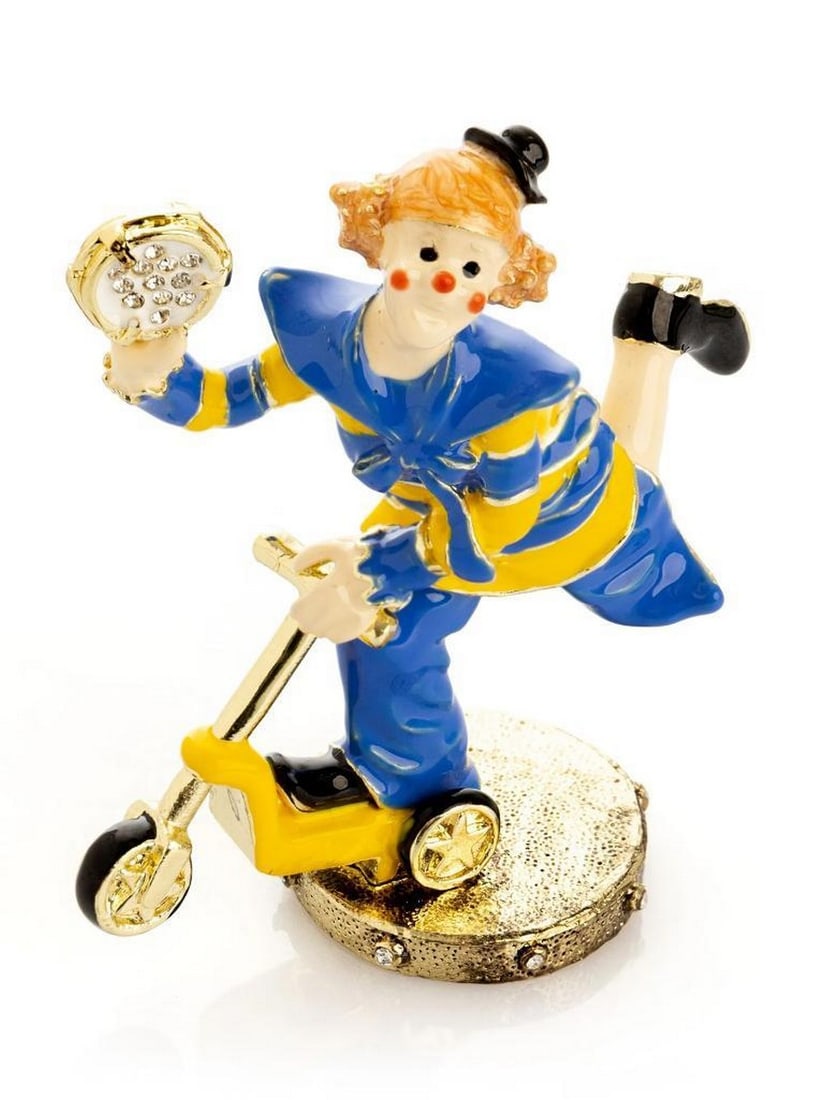 Clown on Scooter Trinket Box 24K Gold Plated: Clown on Scooter Trinket Box 24K Gold Plated This enamel-painted trinket box features a clown in a blue and yellow costume riding a scooter and is handcrafted with 24K gold-plated accents. Austrian cr
