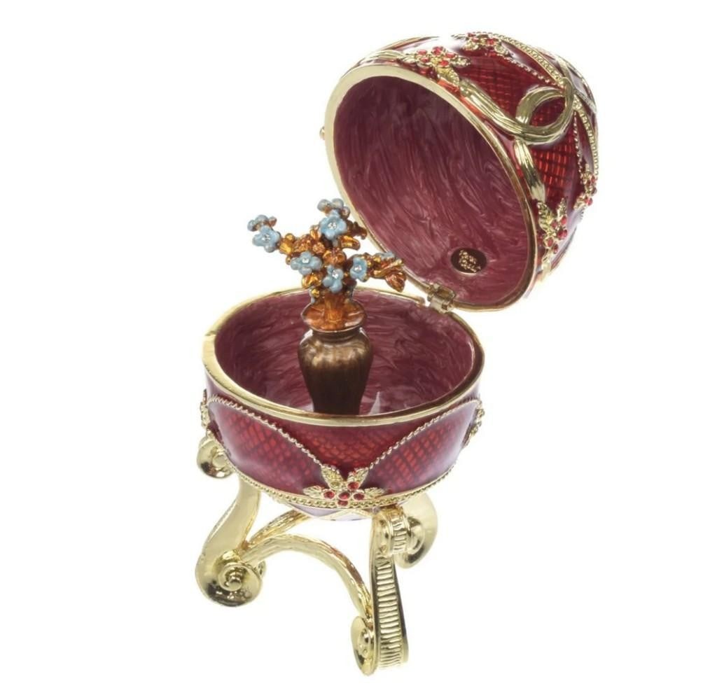 Stunning Red Faberge Inspired Egg with Flower Vase: Stunning Red Faberge Inspired Egg with Flower Vase The piece has an imprinted stamp on the inside. Plated with 24K Gold. Each crystal is handpicked and artistically placed on the piece The trinket box