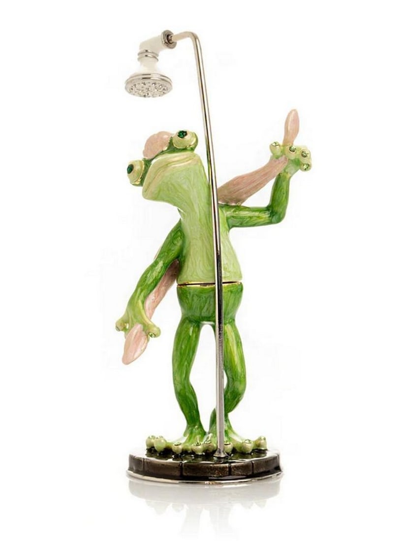 Frog Taking a Shower Trinket Box with Pink Towel: Frog Taking a Shower Trinket Box with Pink Towel This enamel painted trinket box, decorated with Austrian crystals, is handmade and plated with 24K gold. Crystals are handpicked and artistically place