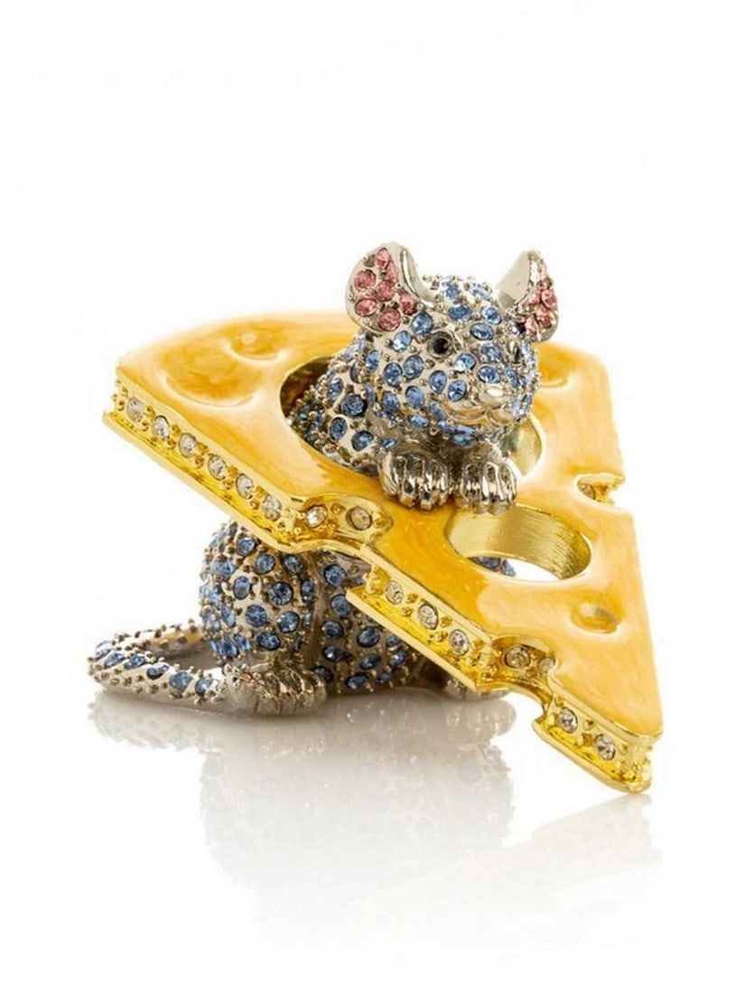 Sparkling Mouse Peeking from Yellow Cheese Trinket Box: Sparkling Mouse Peeking from Yellow Cheese Trinket Box This enamel painted trinket box, decorated with Austrian crystals, is handmade and plated with 925 silver. Crystals are handpicked and artistical