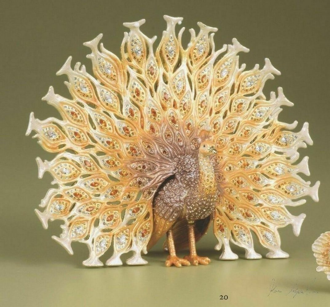 LIMITED EDITION Stunning Peacock Hand Made Trinket Box - By Keren Kopal: Enamel Painted Trinket Box Decorated with Austrian Crystals ? The piece has an imprinted stamp on the inside. ? Each crystal is handpicked and artistically placed on the piece ? The trinket box has a 