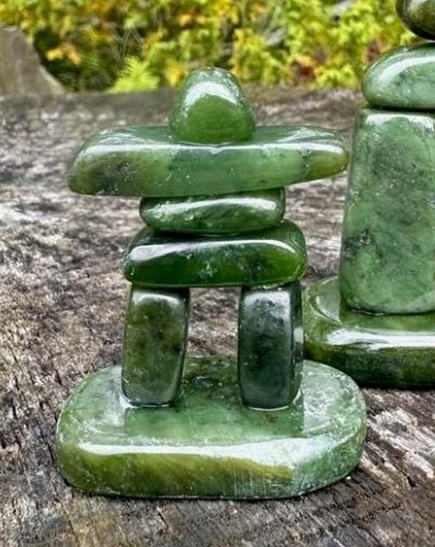 Inukshuk Carving - Canadian Nephrite Jade, Satin Finish: Inukshuk Carving - Canadian Nephrite Jade, Satin Finish Hand-carved Inukshuk made from Canadian nephrite jade with a satin polish. Each carving is unique, with natural stone variations and a tradition