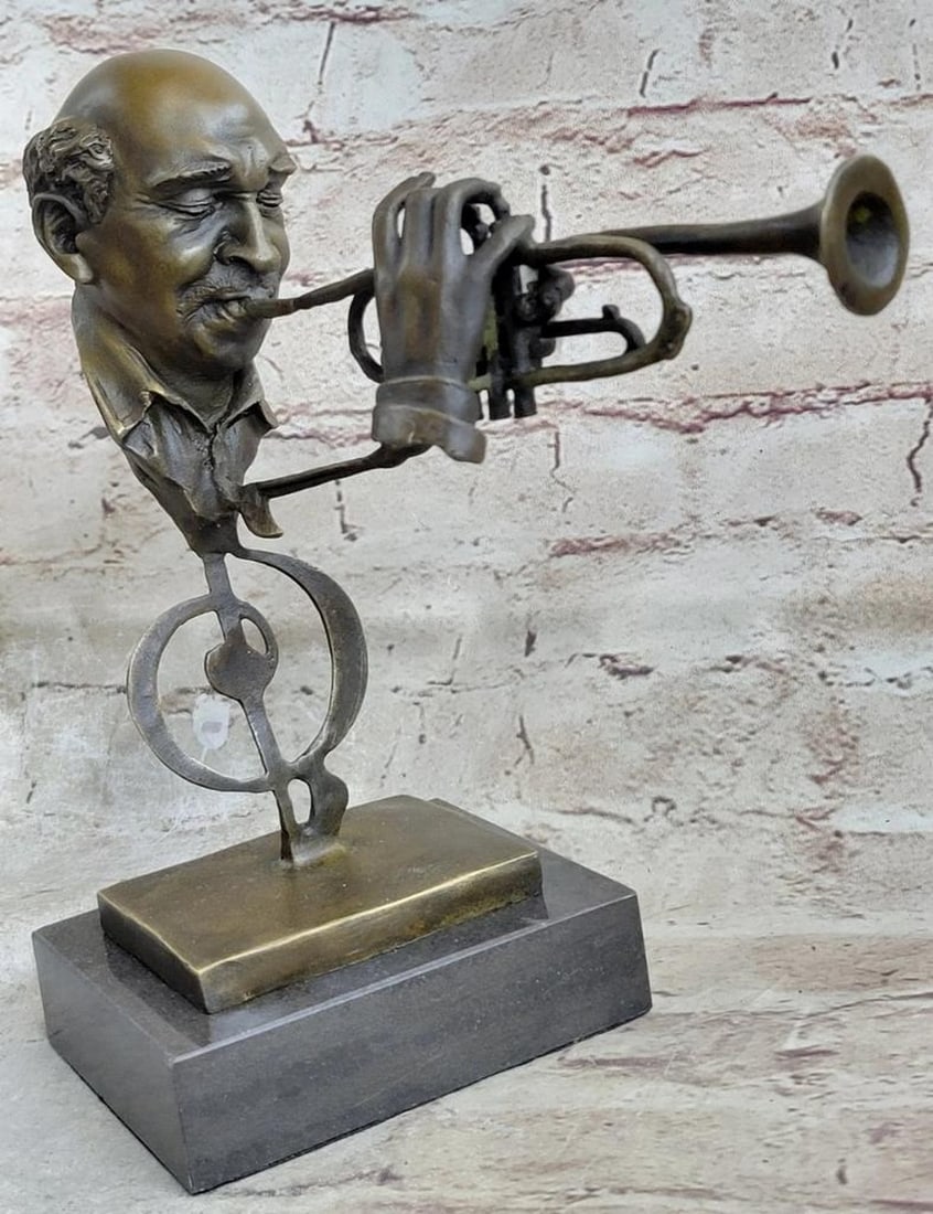 Exquisite Figural Bust of a Black Jazz Musician Playing Trumpet - 9" x 8": Exquisite Figural Bust of a Black Jazz Musician Playing Trumpet - 9" x 8" Celebrate the spirit of classic blue jazz with this meticulously crafted bronze sculpture of a Black musician passiona
