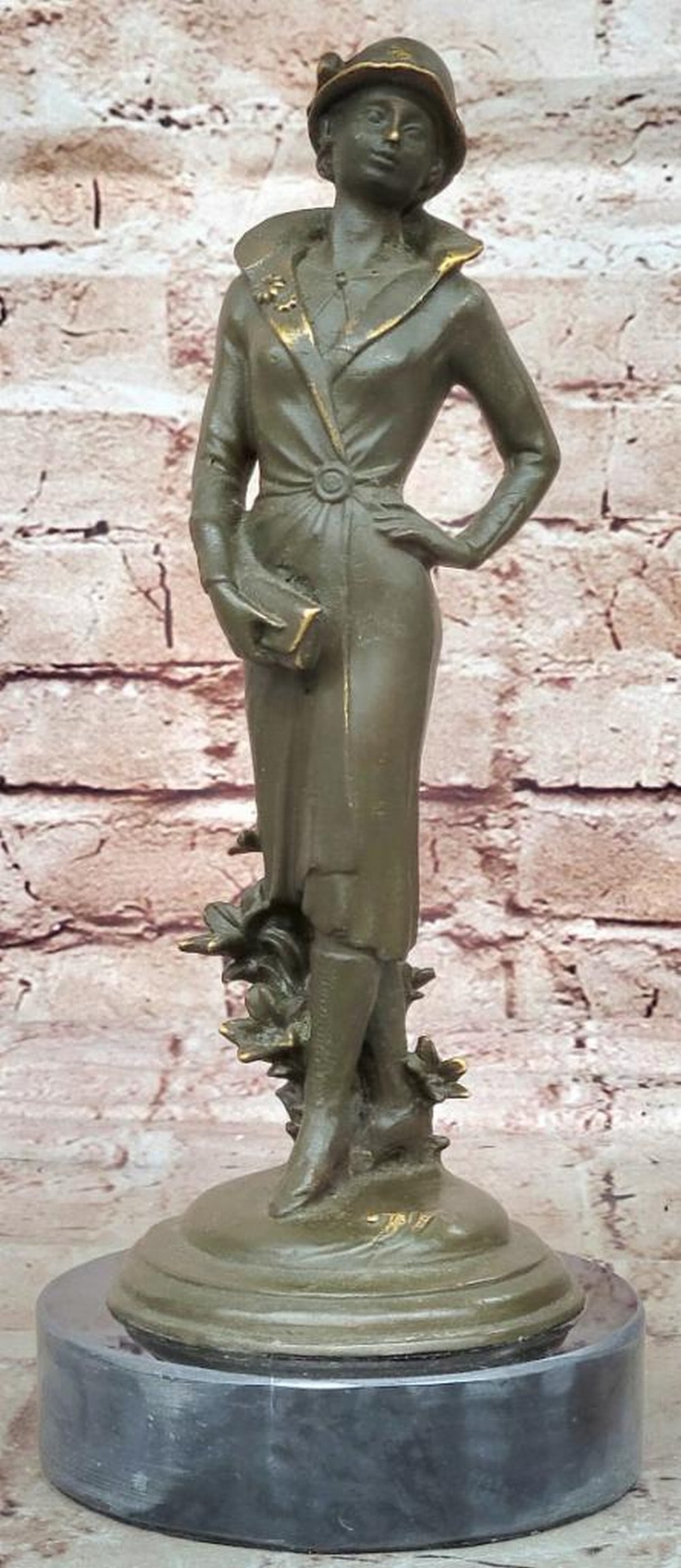 Elegant Art Deco Lady with Hat Authentic Bronze Sculpture - 11.5" x 4.5": Elegant Art Deco Lady with Hat Authentic Bronze Sculpture - 11.5" x 4.5" This refined bronze sculpture captures a stylish 1920s lady, poised with timeless elegance. Wearing a cloche hat and ho