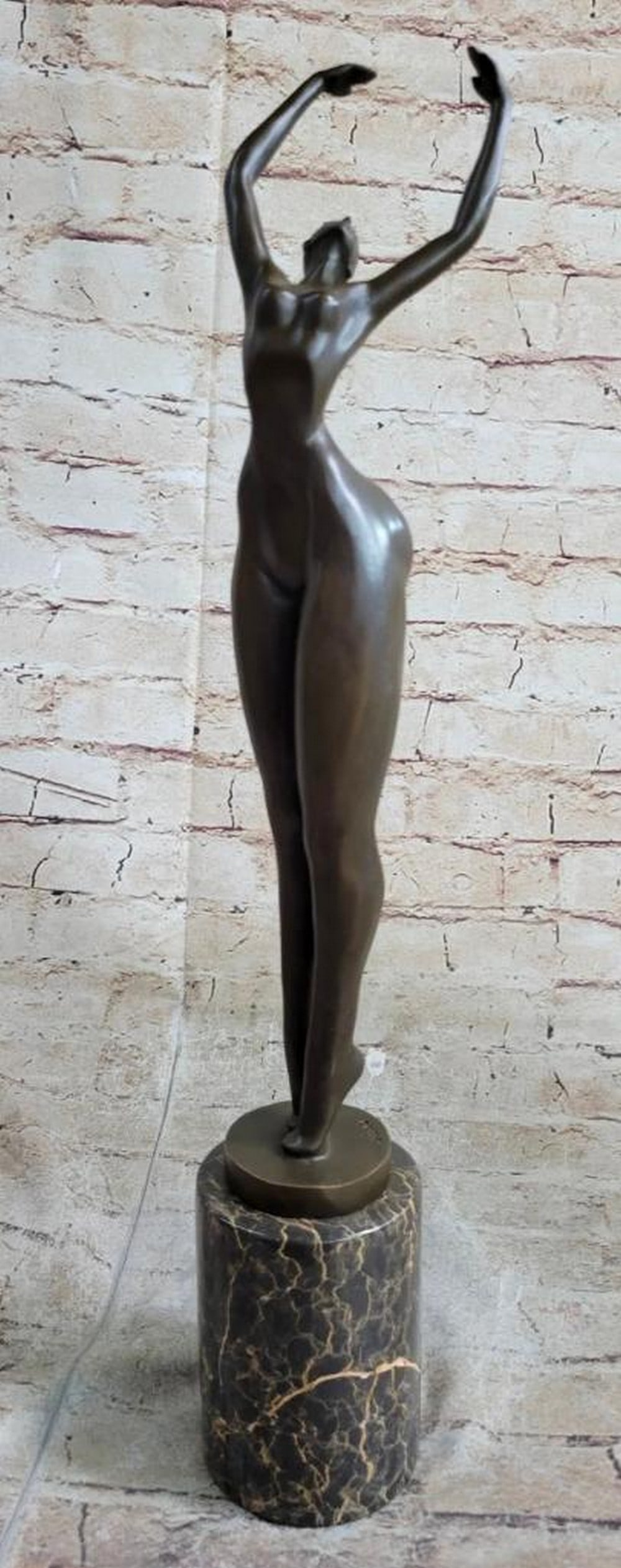 Hot Cast Bronze Curvy Figurative Sexy Girl Sculpture on Marble Base by Juno: Hot Cast Bronze Curvy Figurative Sexy Girl Sculpture on Marble Base by Juno Bronze Dimensions with Marble Base: Height 18 Inches X Width 3 Inches Marble Dimensions: Diameter 3 Inches Height without ba
