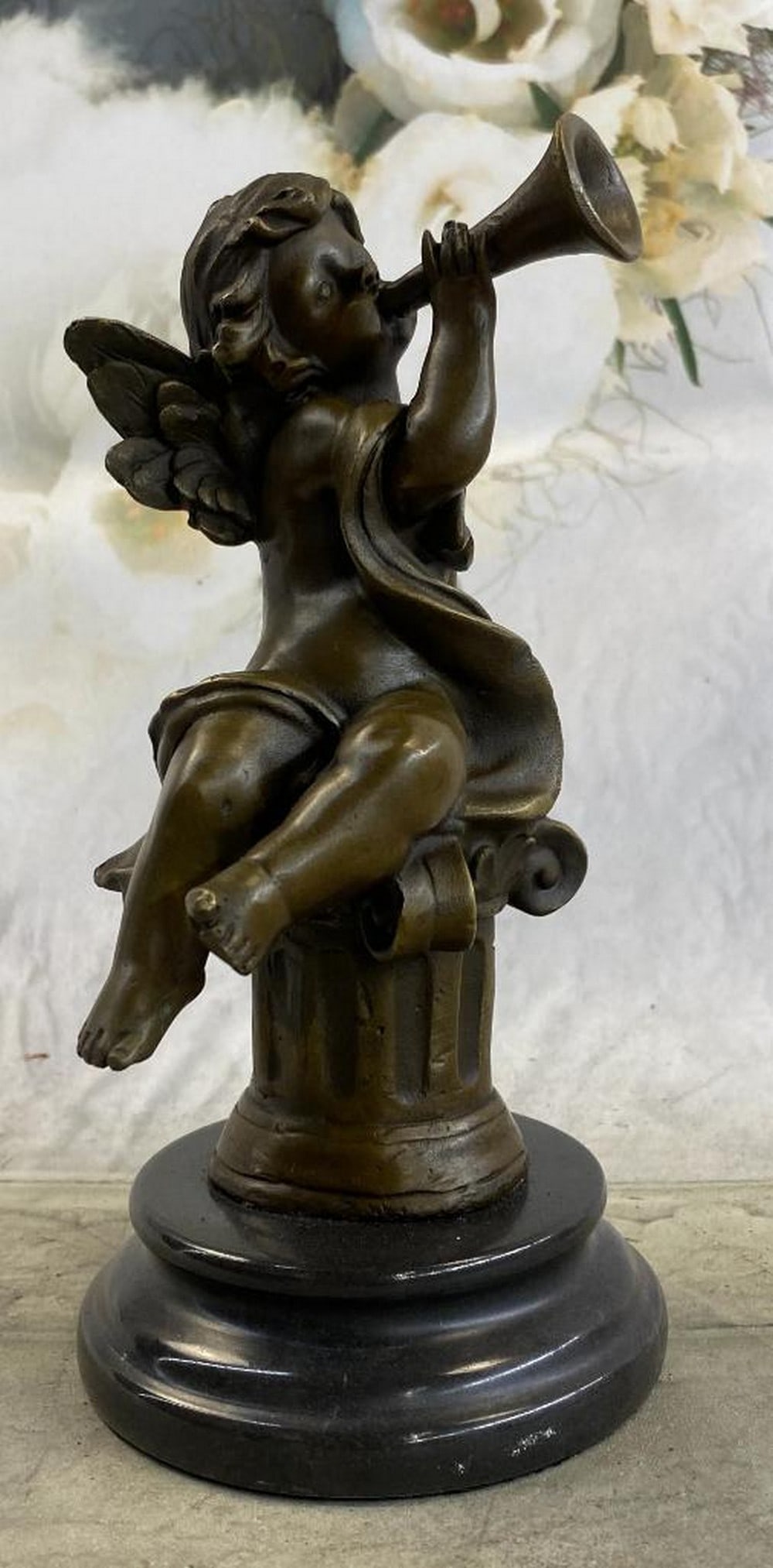 Moreau Inspired Cherub Boy Playing Trumpet Bronze Sculpture On Marble Base - 8" x 5": Moreau Inspired Cherub Boy Playing Trumpet Bronze Sculpture - 8" x 5" This beautiful bronze statue depicts an adorable little cherub playing theTrumpet . It is part of a series of cherub music