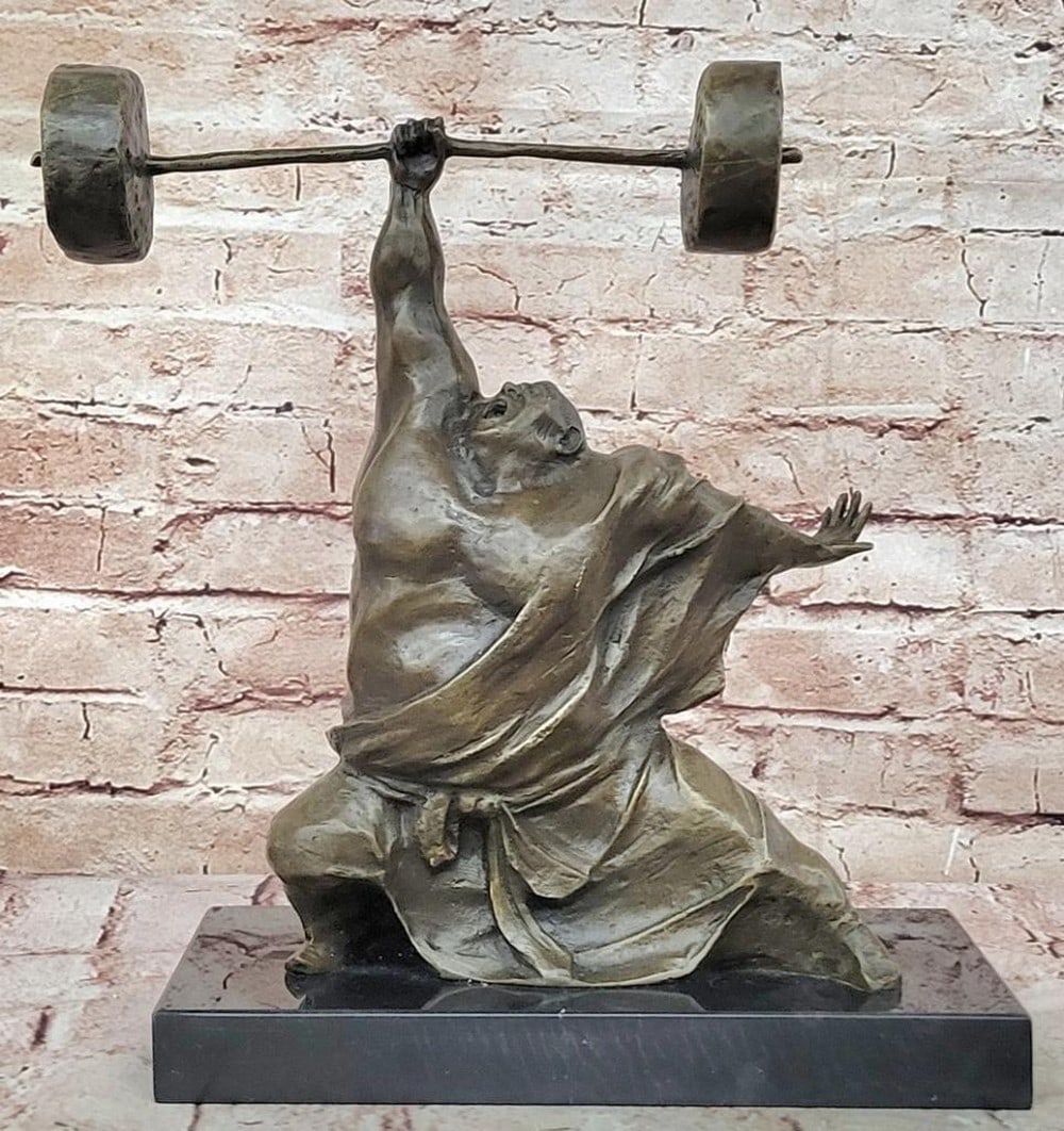 Weightlifter Authentic Bronze Sculpture by Miguel Lopez (Milo) - 13" x 10.5": Weightlifter Authentic Bronze Sculpture by Miguel Lopez (Milo) - 13" x 10.5" Unveiling a powerful bronze sculpture by Portuguese artist Miguel Lopez, also known as Milo, this original work cap