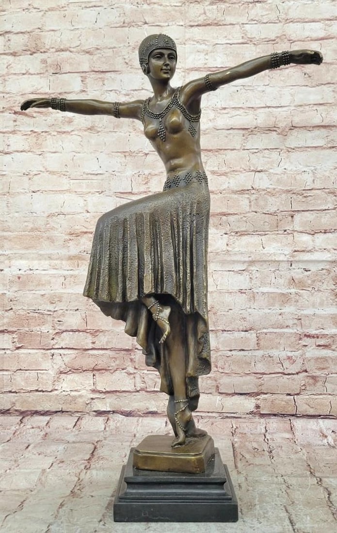 Art Deco Dancer Authentic Bronze Sculpture after Chiparus - 25.5" x 18": Art Deco Dancer Authentic Bronze Sculpture after Chiparus - 25.5" x 18" Unveiling a large bronze reproduction inspired by the celebrated Art Deco style of Dimitri Chiparus, this sculpture depi